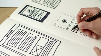 UI designer sketches the user interface of a web application for a mobile phone. A developer creates a prototype for a smartphone.