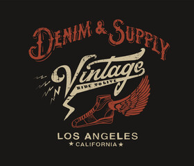 denim and supply, vintage ride to live , loss angels, california, vector vintage denim label design,
