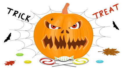 Wall Mural - Halloween pumpkin on a white background, orange pumpkin with different shapes and faces. Vector illustration.