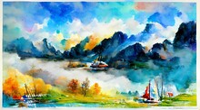 Watercolor Original Painting On Paper Landscape Colorf 