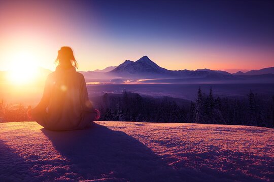 Wall Mural -  - Woman meditating in the mountains