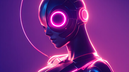 3d rendering. Stylish handsome cyborg, face. Metal and glowing lines. Futuristic woman. Artificial intelligence.