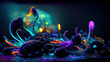 Fantastic , amazing creatures of the underwater world. Bioluminescence plankton. Beautiful background. AI.