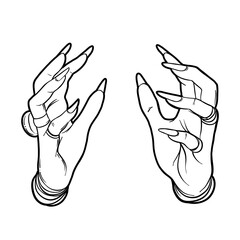 Sticker - Witch tattooed hands. Alchemy, spirituality, occultism, tattoo art. Isolated black and white vector illustration. Halloween concept. Wiccan magic.