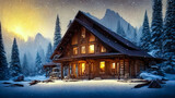 Fototapeta Dziecięca - Wooden chalet house in a mountain winter forest. Winter landscape, a house in the forest, light in the windows, snow-covered firs. Winter holiday season. 3D illustration.