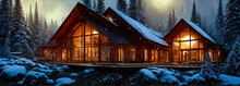 Wooden Chalet House In A Mountain Winter Forest. Winter Landscape, A House In The Forest, Light In The Windows, Snow-covered Firs. Winter Holiday Season. 3D Illustration.