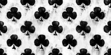 Seamless Clubs Or Clover Playing Card Suit Pattern Painted With Black And White Paint. Tileable Grunge Hand Drawn Alice In Wonderland Wallpaper Motif. Gaming, Gambling Or Poker Background Texture.
