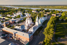 Aerial View Of Russian City Of Murom Along Bank Of Oka River With Trinity Convent And Annunciation Monastery