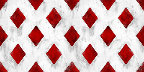 Seamless diamonds playing card suit pattern painted with black, white and red paint. Tileable grunge hand drawn Alice in Wonderland wallpaper motif. Gaming, gambling or poker background texture.