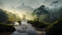 Amazonas Rainforest, Tropical River With Steam, Jungle Landscape With Sunrise, Digital Illustration