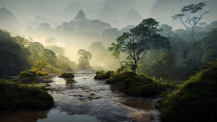 Wall Mural - amazonas rainforest, tropical river with steam, jungle landscape with sunrise, fictional landscape created with generative ai