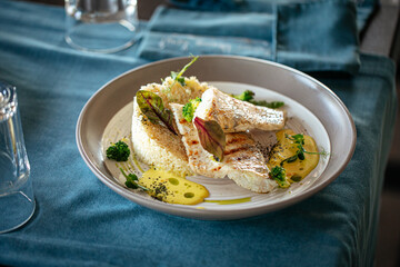 Poster - Restaurant gourmet pike perch fillet with couscous and bearnaise sauce