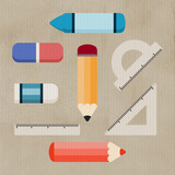 Ołówek, kredki, gumka do mazania, ekierka, kątomierz i linijka. Przybory szkolne, artykuły papiernicze, kreatywność, hobby, narzędzie artystyczne. Powrót do szkoły.