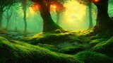 Fototapeta Pokój dzieciecy - Magical dark fairy tale forest, neon sunset, rays of light through the trees. Fantasy forest landscape. Unreal world, moon, moss. 3D illustration.