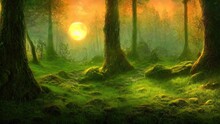 Magical Dark Fairy Tale Forest, Neon Sunset, Rays Of Light Through The Trees. Fantasy Forest Landscape. Unreal World, Moon, Moss. 3D Illustration.