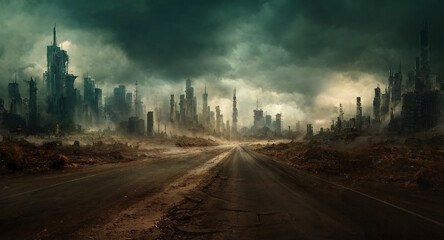 a futuristic cityscape with a post apocalyptic and dark tone.