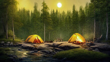 Camping In Nature In The Forest On The Banks Of The River, Yellow Tent, Bonfire, Moon. Camping, Hiking, Weekend, Tourism. 3D Illustration.