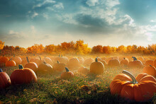 Pumpkin Field On A Fall Autumn Morning, Foggy Mist