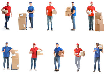 Wall Mural - Set of couriers with parcels isolated on white