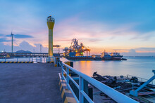 Yangtze River Port Wharf And And Sunset Scenery In Jiangyin City, China	
