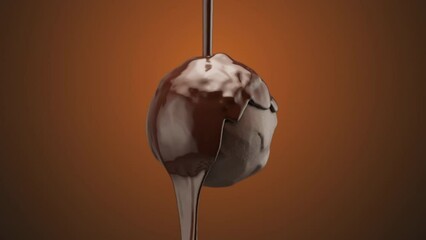 Wall Mural - Close up Slow motion Chocolate  Liquid Dripping on Chocolate ball isolate on brown background. 4k.  3D animation. Selective focus . Alpha matte.