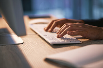 Hands of business person typing on computer keyboard in office at work, working on pc programming and networking on technology at desk. Programmer coding on web, writing email and networking online