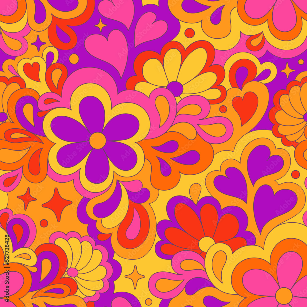 Retro groovy 60s 70s vector seamless pattern. Old school psychedelic ...