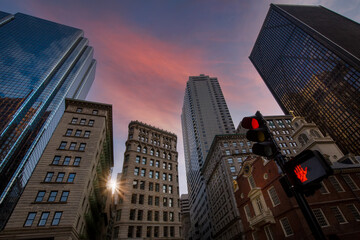 Sticker - USA, Scenic Boston downtown financial district city skyline and skyscrapers.