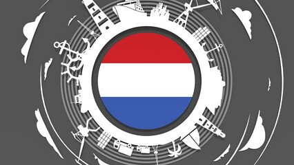 Wall Mural - Cargo port and travel relative silhouettes located around the circle. Flag of Netherlands.