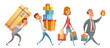 Cartoon people carry shopping bags and boxes with purchases or buy of online mobile. Men and women taking part in seasonal sale. Vector illustration. Isolated on white. Elements is grouped.
