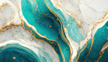 Abstract Luxury Marble Background. Digital Art Marbling Texture. Turquoise, Gold And White Colors