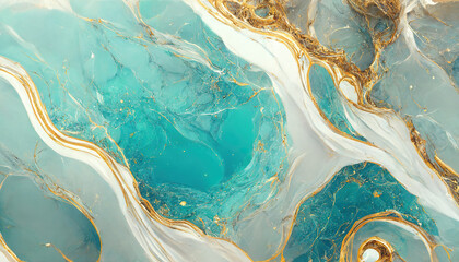 Wall Mural - Abstract luxury marble background. Digital art marbling texture. Turquoise, gold and white colors