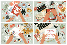 Creative Process. Handmade, Creating Christmas Decorations, Congratulations And Cards. Happy Holiday. Flat Style In Vector Illustration.