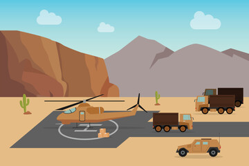 Military helicopter on the runway and military trucks 2d vector illustration concept for banner, website, illustration, landing page, flyer, etc.