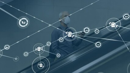 Wall Mural - Animation of caucasian businessman with face mask over network of connections and data processing