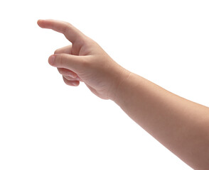 Child hand touching or pointing isolated on a white background, Kids hand on white background PNG file.