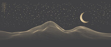 Vector Abstract Art Landscape Mountain Night Sky With Crescent Moon Stars By Golden Line Art Texture Isolated On Dark Grey Black Background. Minimal Luxury Style For Wallpaper, Wall Art Decoration.