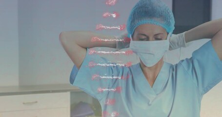 Wall Mural - Animation of caucasian female doctor with face mask over dna strand