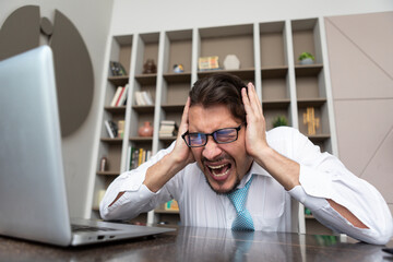 Funny businessman feeling bad after overloaded work day in the office	