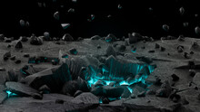 Exploding Fracturing Rough Ground With Glowing Blue Lights With Stone Splitter On Dark Asphalt - 3d Render Of Destruction Of Floor