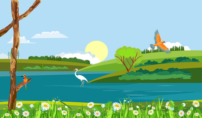 Wall Mural - Blue river white heron green hills and plants vector countryside nature