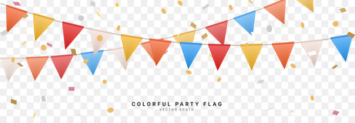 colorful 3D triangle flag party with confetti on transparent background, decoration element, Vector illustration