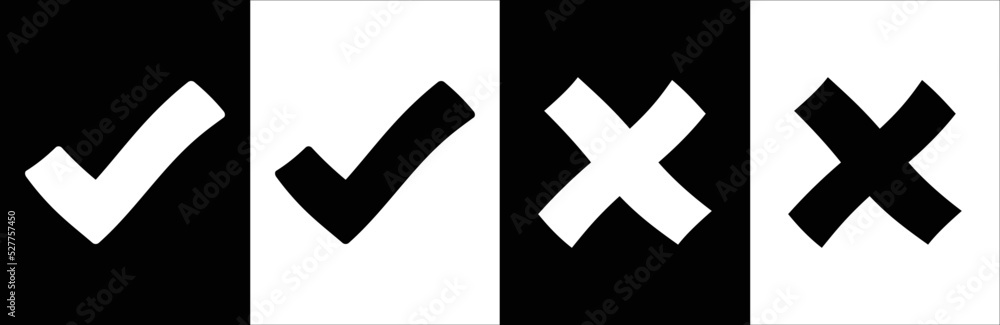 Check mark, Cross mark black icon set. Isolated checkmark symbol, right ...