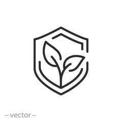 shield with leafs icon, save environment or ecology, bio protect, thin line symbol on white background - editable stroke vector illustration