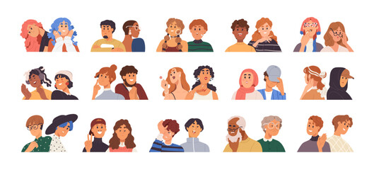 Poster - Face avatars of love couples, friends set. People portraits with moods, emotions, expressions, feelings. Modern trendy expressive characters. Flat vector illustration isolated on white background