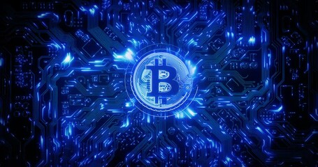 Poster - Bitcoin, cryptocurrency and blockchain with futuristic big data, information technology and cyberpunk security scifi. Network internet for future IT cloud computing, ai or digital coding system tech