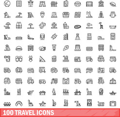 Sticker - 100 travel icons set. Outline illustration of 100 travel icons vector set isolated on white background