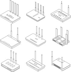 Poster - Router icons set. Isometric set of router vector icons outline thin lne isolated on white