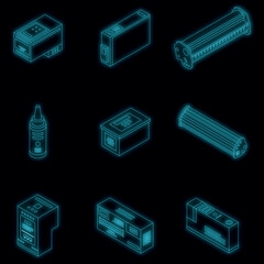 Wall Mural - Cartridge icons set. Isometric set of cartridge vector icons neon color on black
