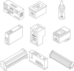 Poster - Cartridge icons set. Isometric set of cartridge vector icons outline thin lne isolated on white